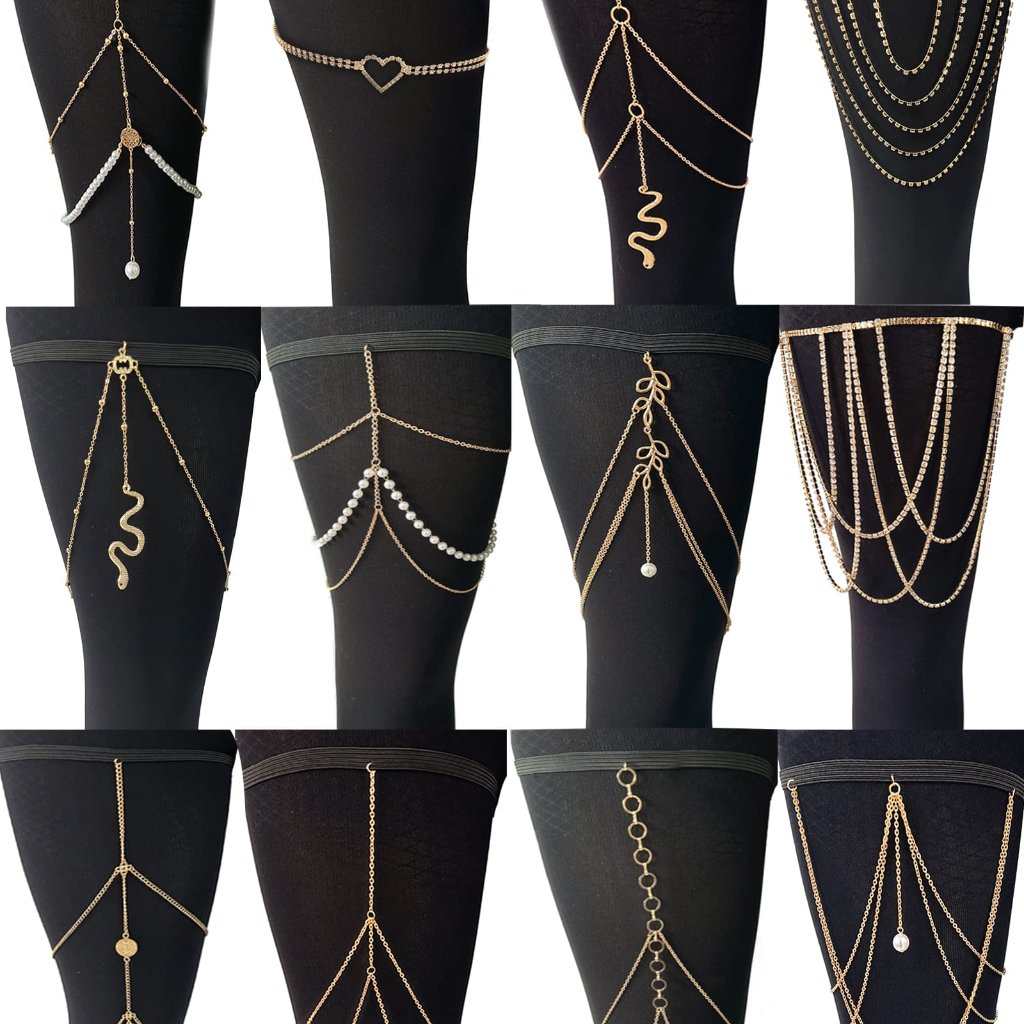 Thigh Chains Set Boho Layered Body Jewelry Adjustable Elastic Silver Gold Tone